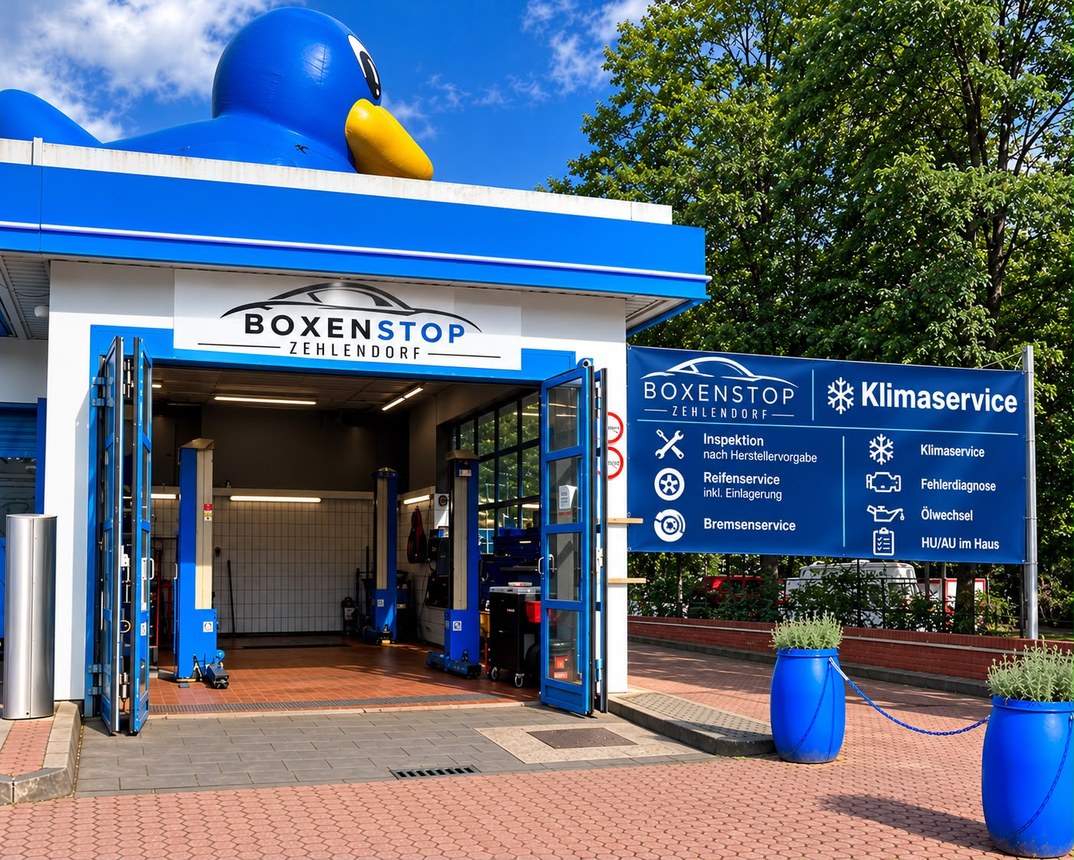Eingang der Kfz-Meisterwerkstatt Boxenstop Zehlendorf mit Werkstatthalle und Leistungsübersicht
